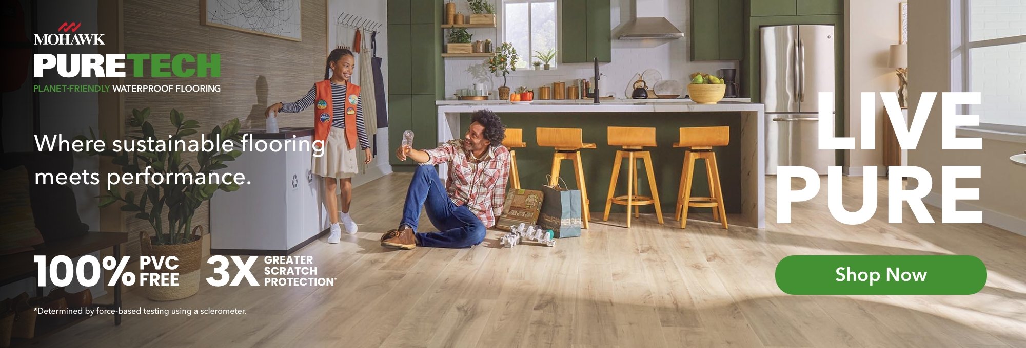 Durable and affordable floor solution featured with family playing on kitchen floor